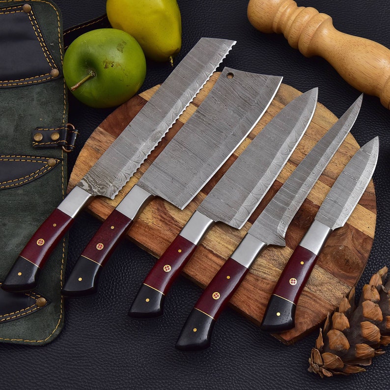 5 Pieces Handmade Damascus Kitchen Knife Chef's Knife Set And Leather Roll, Kitchen Knives, Christmas gift for mom or mother, gift for her
