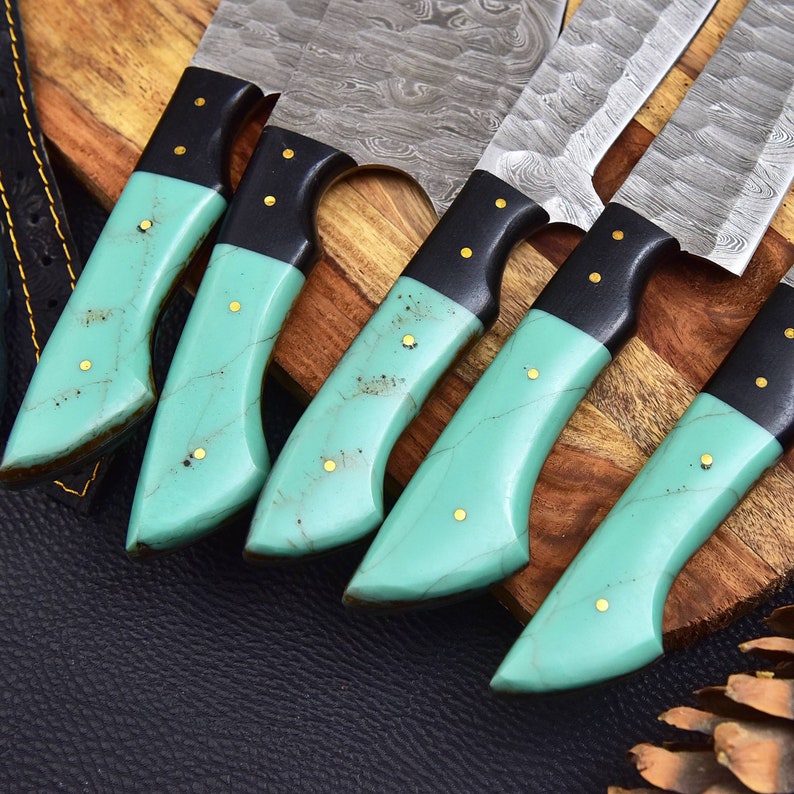 5 Pieces Handmade Damascus Kitchen Knife Chef's Knife Set And Leather Roll, Kitchen Knives, Christmas gift for mom or mother, gift for her