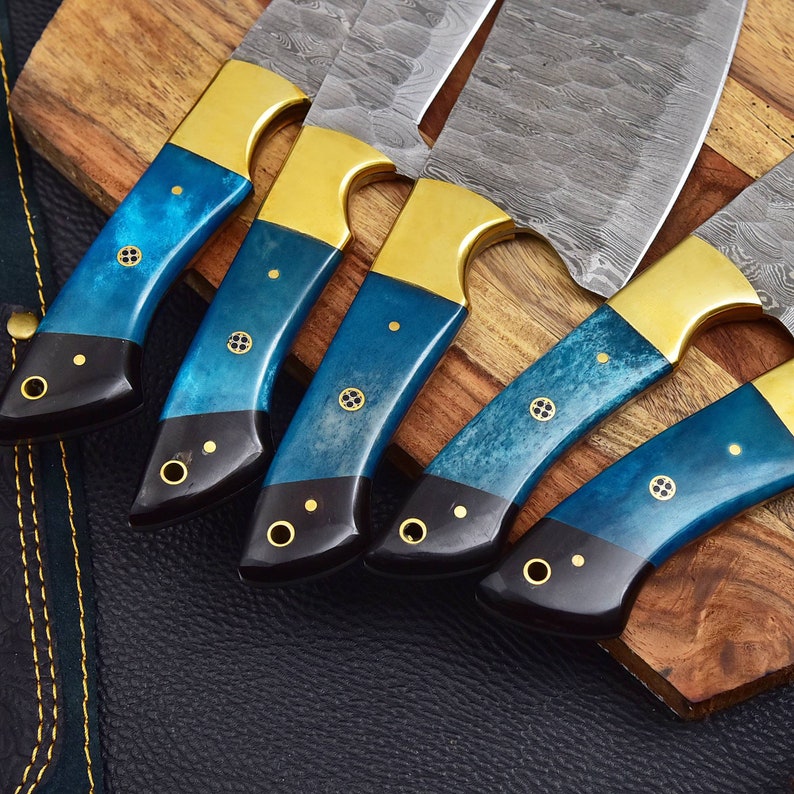 5 Pieces Handmade Damascus Kitchen Knife Chef's Knife Set And Leather Roll, Kitchen Knives, Christmas gift for mom or mother, gift for her