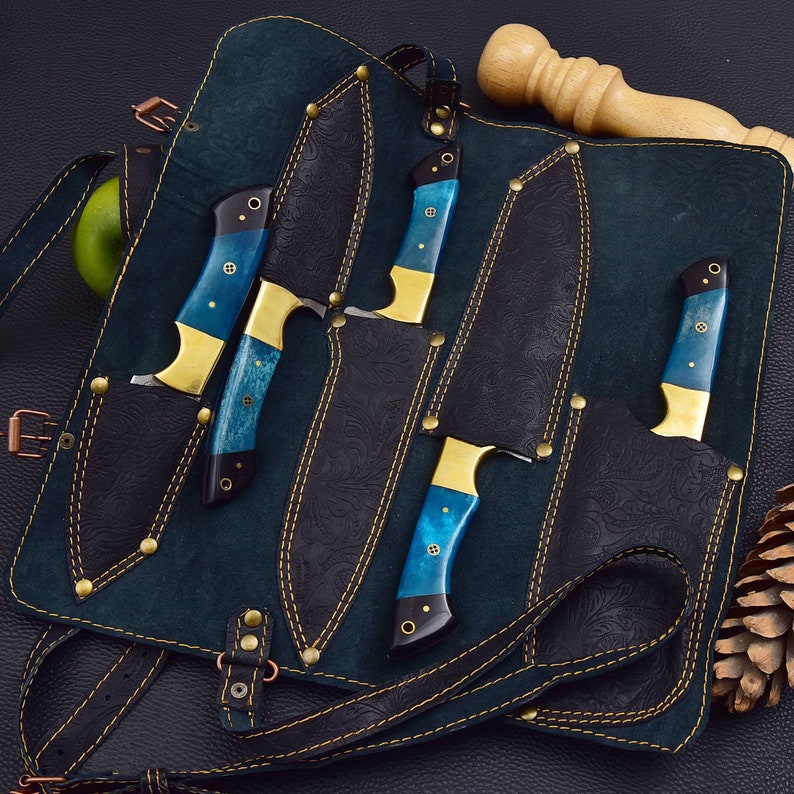 5 Pieces Handmade Damascus Kitchen Knife Chef's Knife Set And Leather Roll, Kitchen Knives, Christmas gift for mom or mother, gift for her
