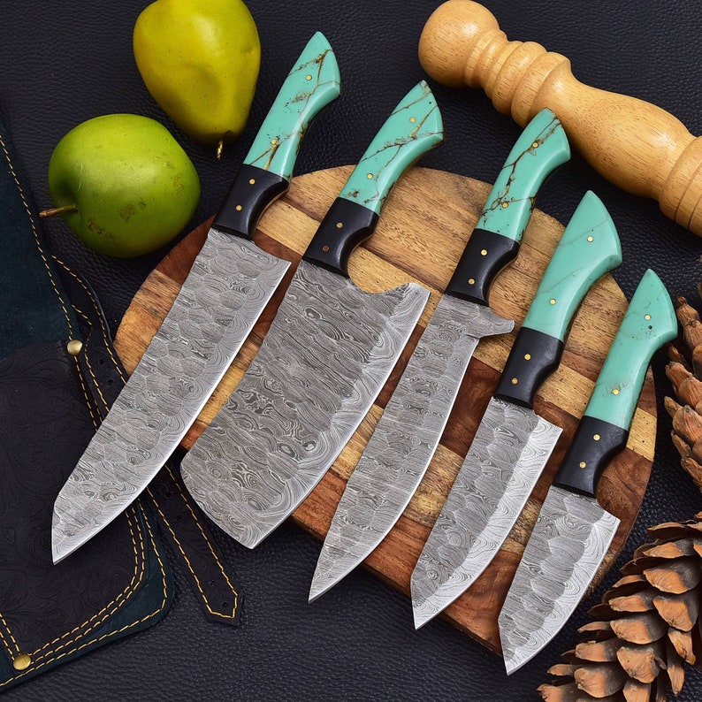 5 Pieces Handmade Damascus Kitchen Knife Chef's Knife Set And Leather Roll, Kitchen Knives, Christmas gift for mom or mother, gift for her