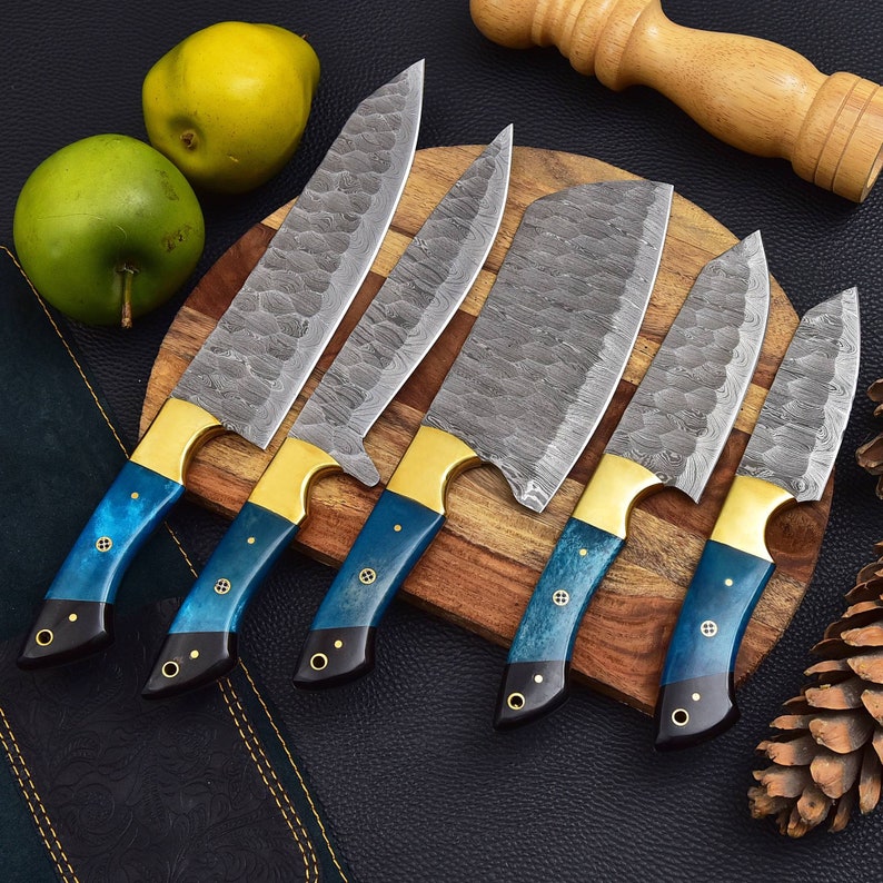 5 Pieces Handmade Damascus Kitchen Knife Chef's Knife Set And Leather Roll, Kitchen Knives, Christmas gift for mom or mother, gift for her