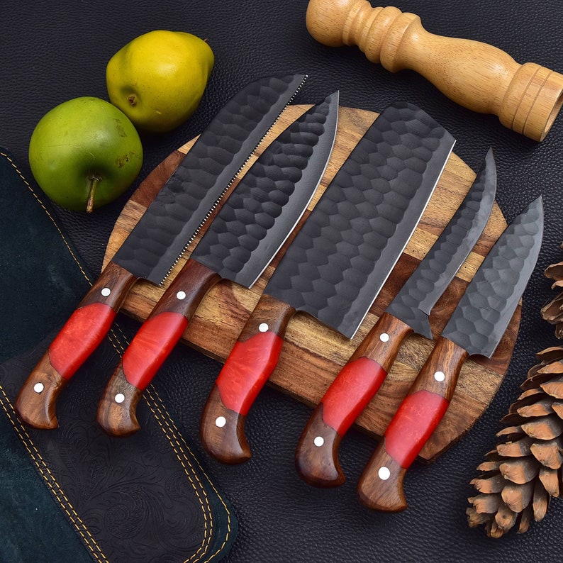 5 Pieces Handmade Black Powder Coated J2 Kitchen Knife Chef's Set And Leather Roll, Christmas Kitchen Knives gift for mom, gift for her