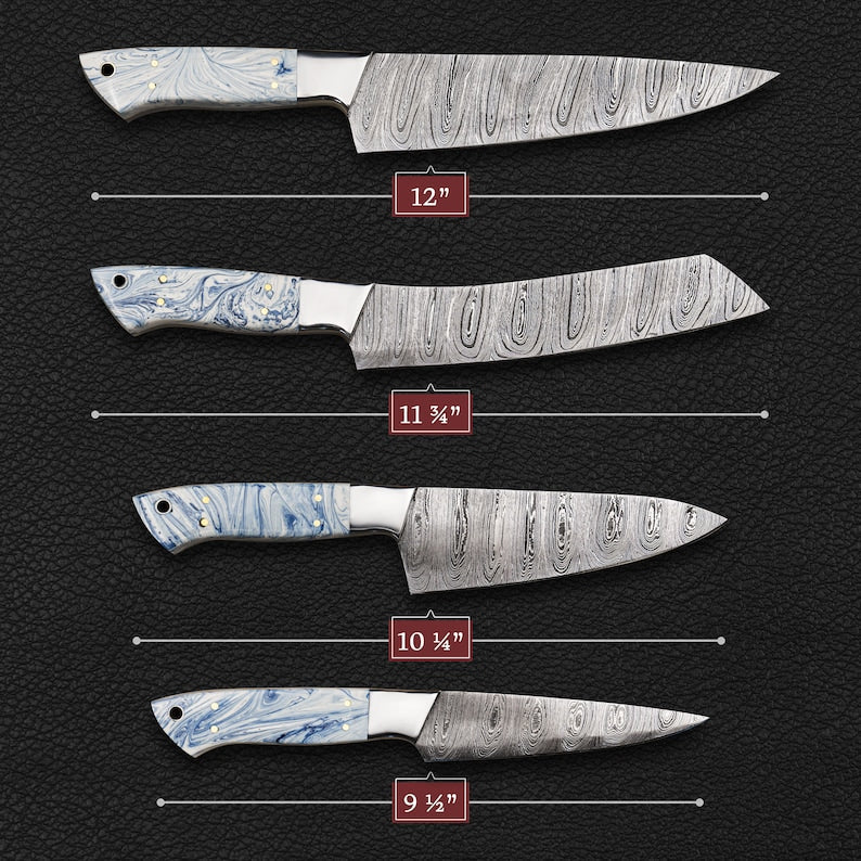 Handmade Damascus Kitchen Knives Epoxy Blue Resin Handle Chef Knife BBQ 4pc Set Gift for Cooking High Quality Blade Steel Free Leather Roll