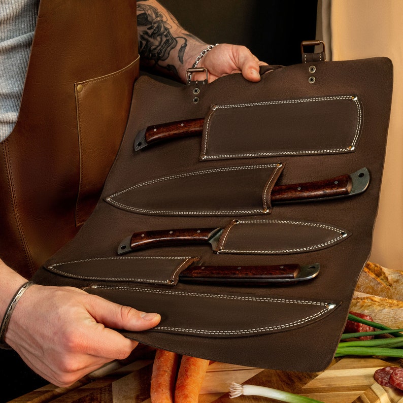 5 pcs Damascus Kitchen Knives Indoor/Outdoor BBQ Cooking Chef Set Knife Full Tang Wood Handle Cleaver Fillet Paring Knife Free Leather Roll