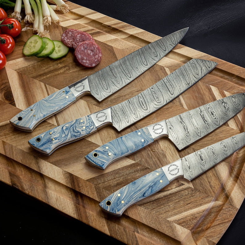 Handmade Damascus Kitchen Knives Epoxy Blue Resin Handle Chef Knife BBQ 4pc Set Gift for Cooking High Quality Blade Steel Free Leather Roll