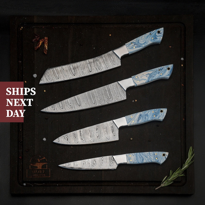Handmade Damascus Kitchen Knives Epoxy Blue Resin Handle Chef Knife BBQ 4pc Set Gift for Cooking High Quality Blade Steel Free Leather Roll