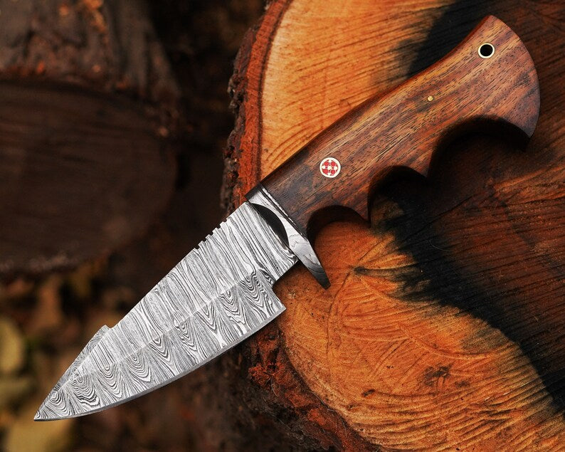 10" Handmade Damascus Bowie Knife, Beautiful Hunting knife, Hand forged Damascus steel knife Non slip Color wood handle leather sheath Gifts