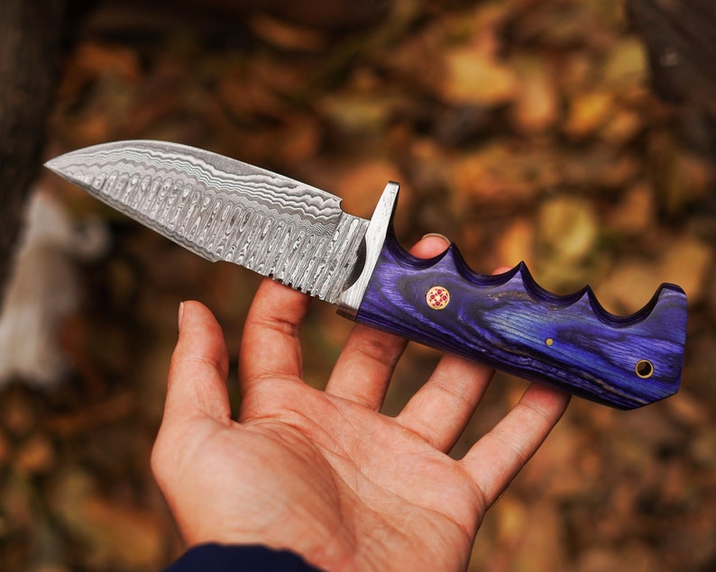 10" Handmade Damascus Bowie Knife, Beautiful Hunting knife, Hand forged Damascus steel knife Non slip Color wood handle leather sheath Gifts