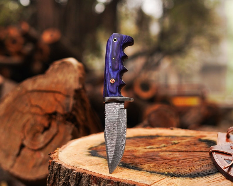 10" Handmade Damascus Bowie Knife, Beautiful Hunting knife, Hand forged Damascus steel knife Non slip Color wood handle leather sheath Gifts