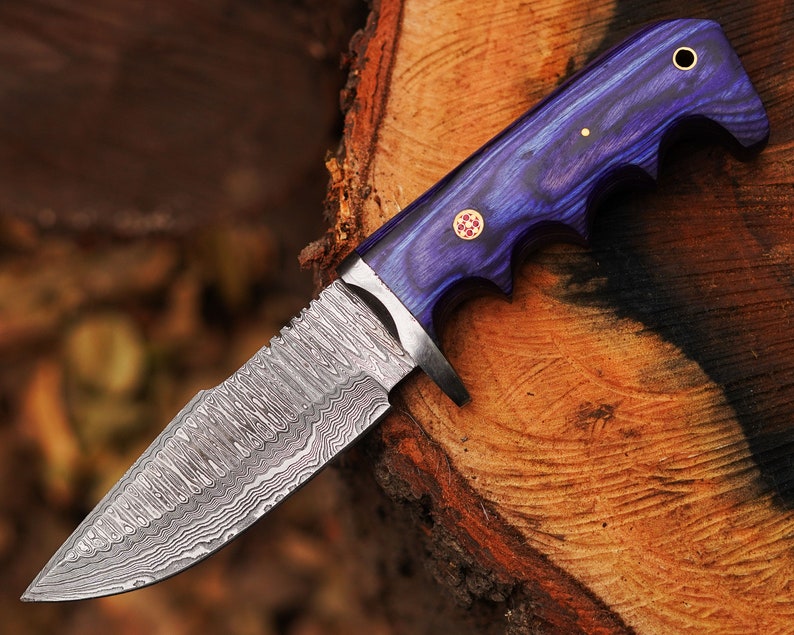 10" Handmade Damascus Bowie Knife, Beautiful Hunting knife, Hand forged Damascus steel knife Non slip Color wood handle leather sheath Gifts