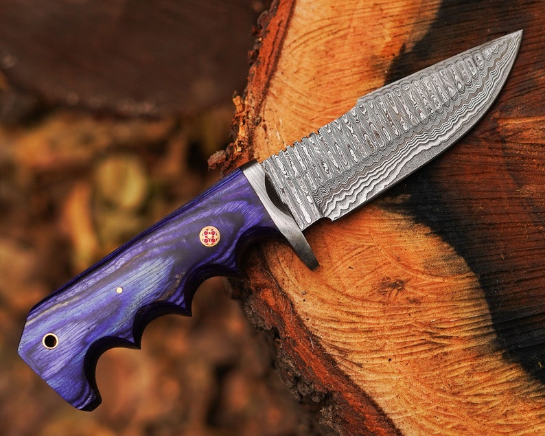10" Handmade Damascus Bowie Knife, Beautiful Hunting knife, Hand forged Damascus steel knife Non slip Color wood handle leather sheath Gifts