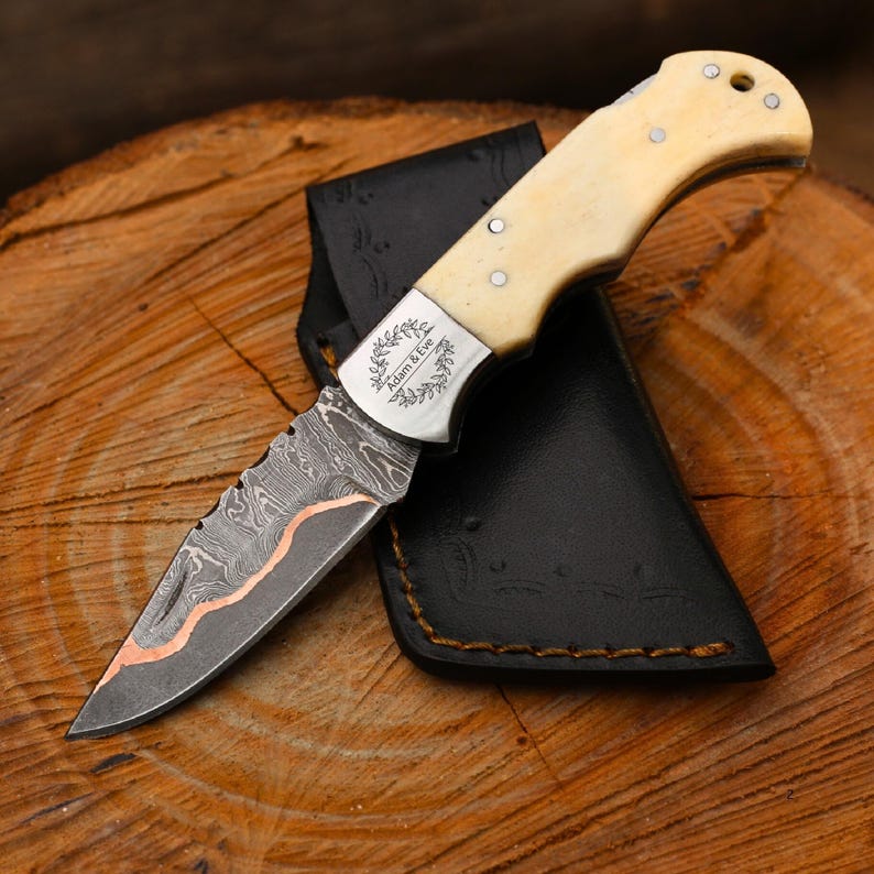 Beautiful Folding Knife Pair | COPPER Damascus HANDMADE | Copper Pocket Knife Ram Horn Handle Personalized Copper Best Gift for him/her