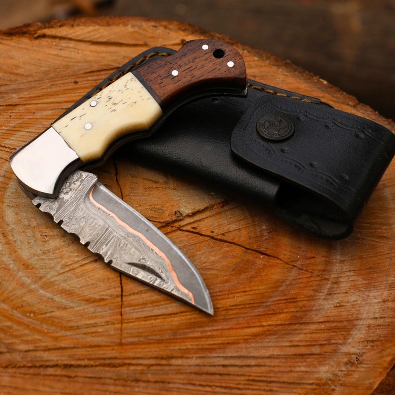 Beautiful Folding Knife Pair | COPPER Damascus HANDMADE | Copper Pocket Knife Ram Horn Handle Personalized Copper Best Gift for him/her