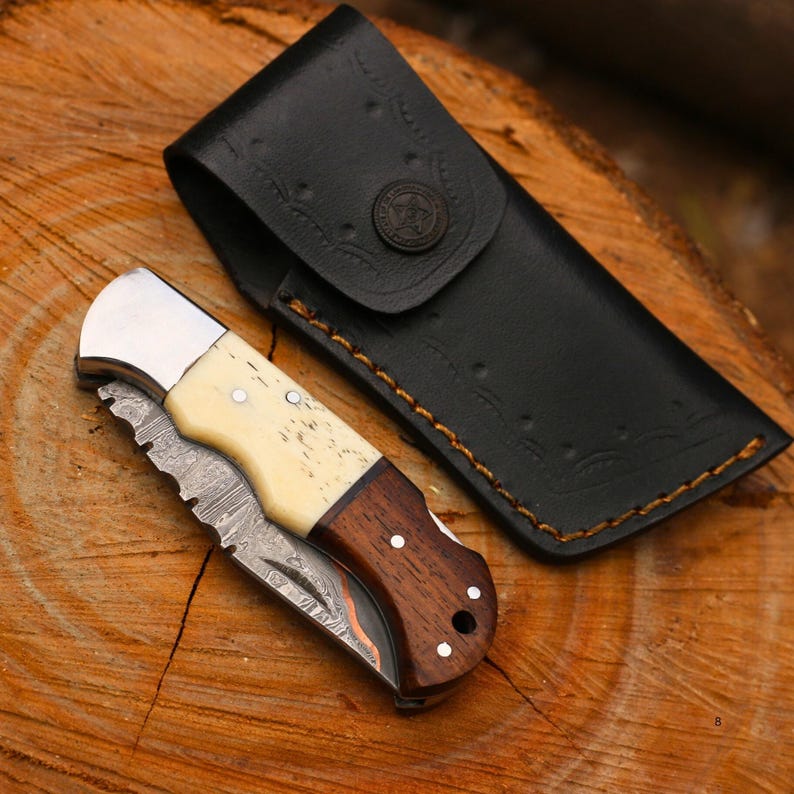 Beautiful Folding Knife Pair | COPPER Damascus HANDMADE | Copper Pocket Knife Ram Horn Handle Personalized Copper Best Gift for him/her