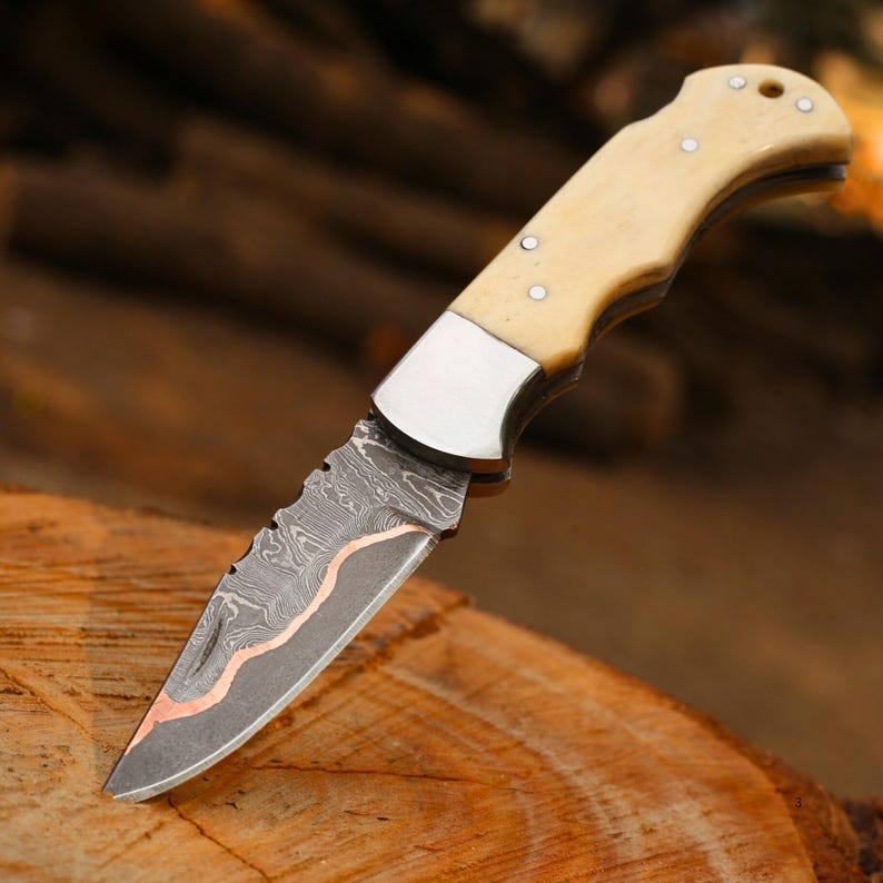 Beautiful Folding Knife Pair | COPPER Damascus HANDMADE | Copper Pocket Knife Ram Horn Handle Personalized Copper Best Gift for him/her