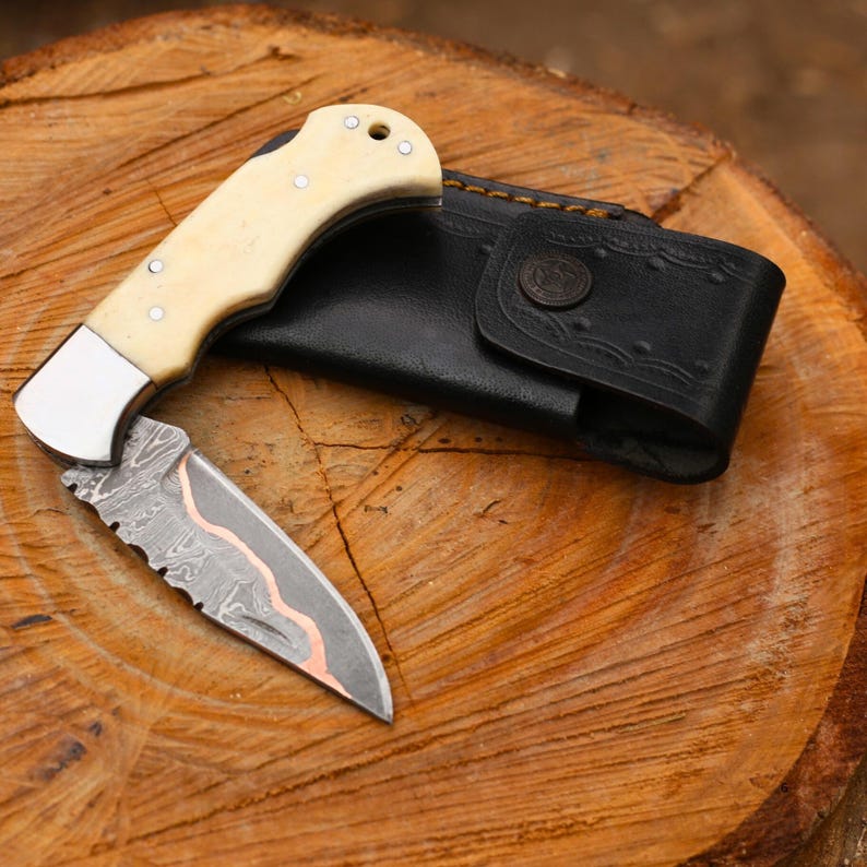 Beautiful Folding Knife Pair | COPPER Damascus HANDMADE | Copper Pocket Knife Ram Horn Handle Personalized Copper Best Gift for him/her