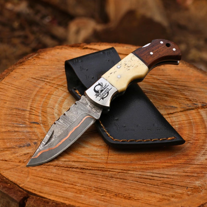 Beautiful Folding Knife Pair | COPPER Damascus HANDMADE | Copper Pocket Knife Ram Horn Handle Personalized Copper Best Gift for him/her