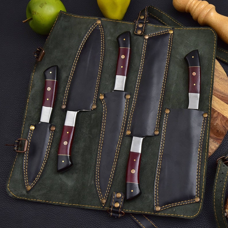 5 Pieces Handmade Damascus Kitchen Knife Chef's Knife Set And Leather Roll, Kitchen Knives, Christmas gift for mom or mother, gift for her