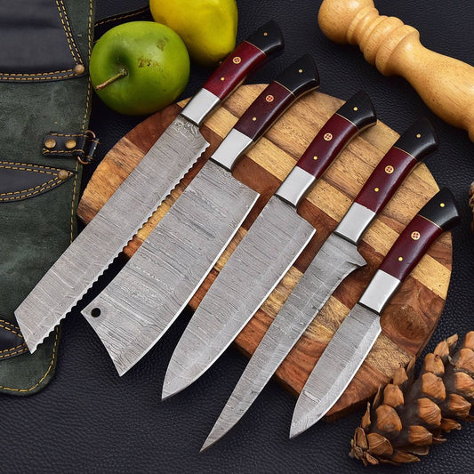 5 Pieces Handmade Damascus Kitchen Knife Chef's Knife Set And Leather Roll, Kitchen Knives, Christmas gift for mom or mother, gift for her