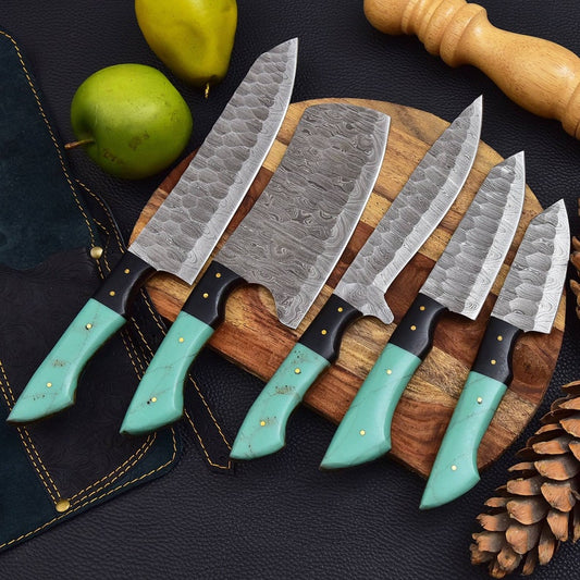 5 Pieces Handmade Damascus Kitchen Knife Chef's Knife Set And Leather Roll, Kitchen Knives, Christmas gift for mom or mother, gift for her