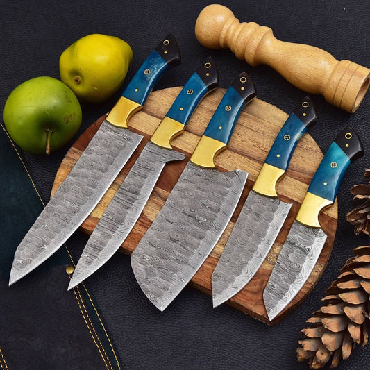 5 Pieces Handmade Damascus Kitchen Knife Chef's Knife Set And Leather Roll, Kitchen Knives, Christmas gift for mom or mother, gift for her