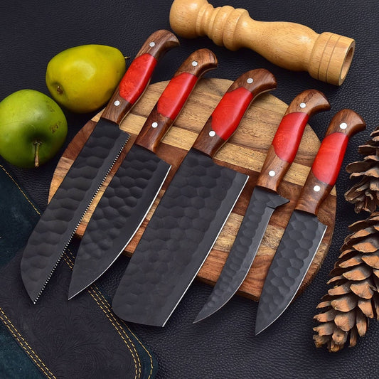 5 Pieces Handmade Black Powder Coated J2 Kitchen Knife Chef's Set And Leather Roll, Christmas Kitchen Knives gift for mom, gift for her
