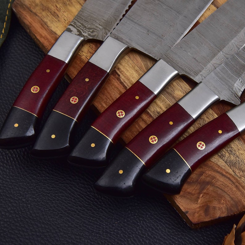 5 Pieces Handmade Damascus Kitchen Knife Chef's Knife Set And Leather Roll, Kitchen Knives, Christmas gift for mom or mother, gift for her