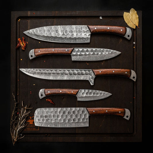 5 pcs Damascus Kitchen Knives Indoor/Outdoor BBQ Cooking Chef Set Knife Full Tang Wood Handle Cleaver Fillet Paring Knife Free Leather Roll