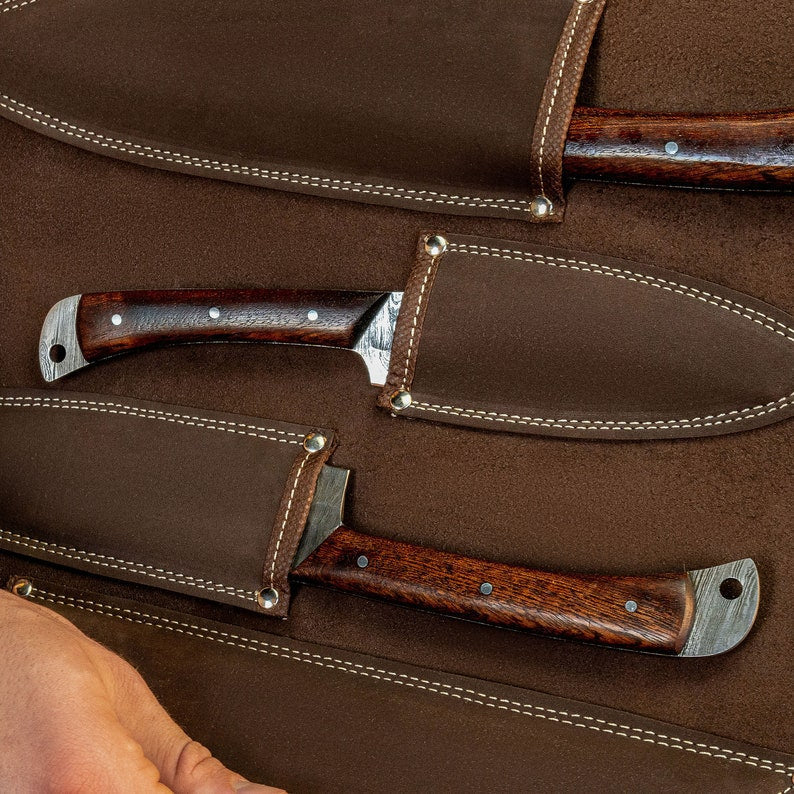 5 pcs Damascus Kitchen Knives Indoor/Outdoor BBQ Cooking Chef Set Knife Full Tang Wood Handle Cleaver Fillet Paring Knife Free Leather Roll