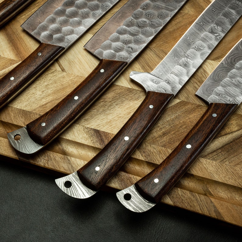 5 pcs Damascus Kitchen Knives Indoor/Outdoor BBQ Cooking Chef Set Knife Full Tang Wood Handle Cleaver Fillet Paring Knife Free Leather Roll