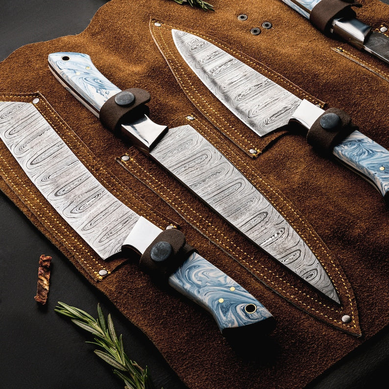 Handmade Damascus Kitchen Knives Epoxy Blue Resin Handle Chef Knife BBQ 4pc Set Gift for Cooking High Quality Blade Steel Free Leather Roll