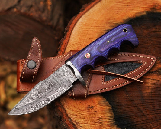 10" Handmade Damascus Bowie Knife, Beautiful Hunting knife, Hand forged Damascus steel knife Non slip Color wood handle leather sheath Gifts