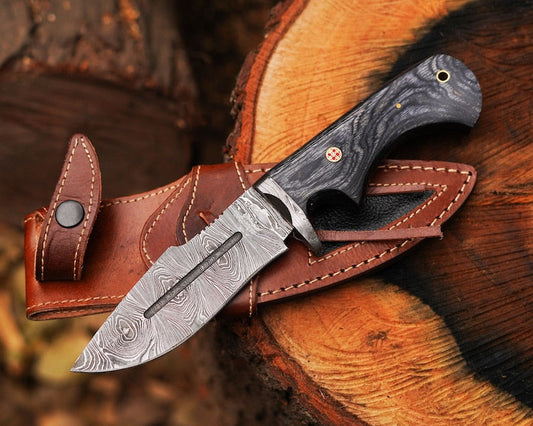 10" Handmade Damascus Bowie Knife, Beautiful Hunting knife, Hand forged Damascus steel knife Non slip Color wood handle leather sheath Gifts