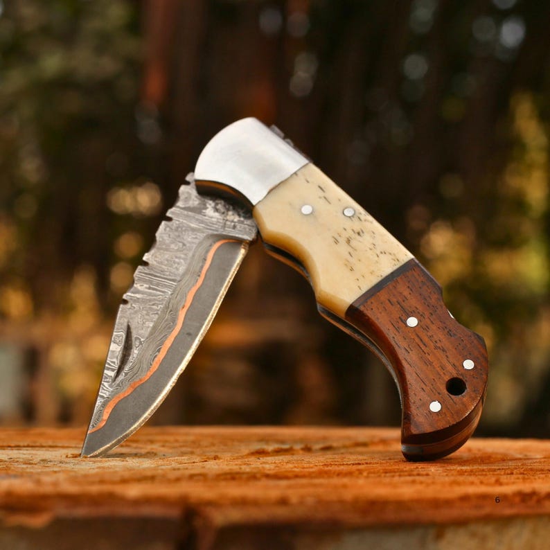 Beautiful Folding Knife Pair | COPPER Damascus HANDMADE | Copper Pocket Knife Ram Horn Handle Personalized Copper Best Gift for him/her