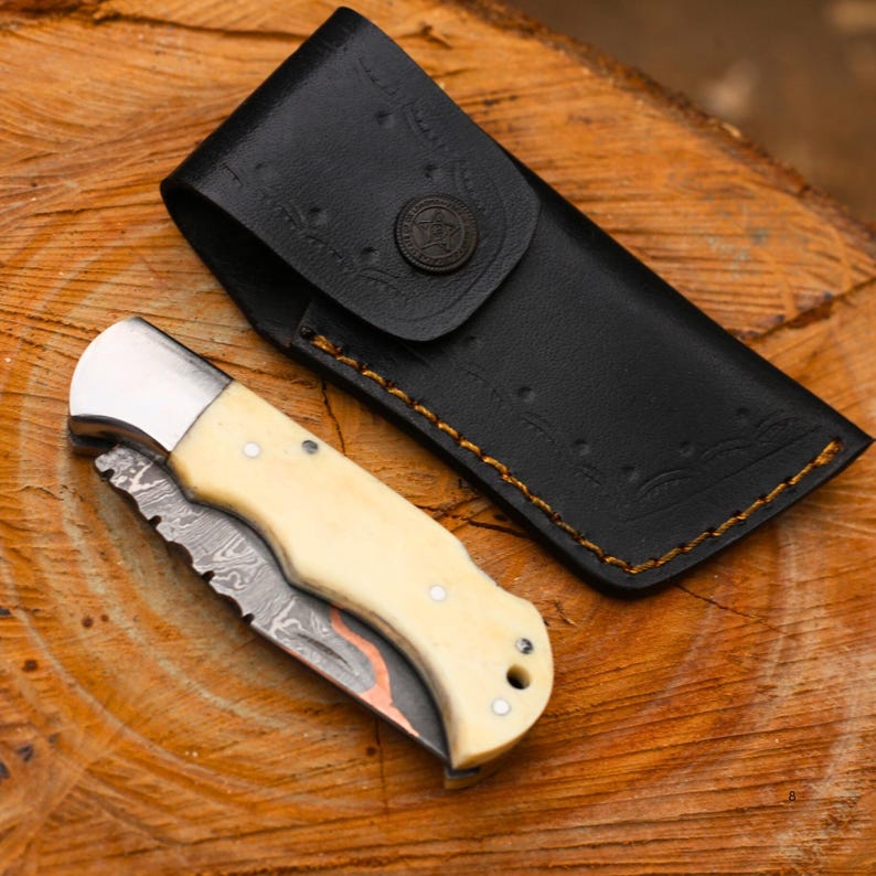 Beautiful Folding Knife Pair | COPPER Damascus HANDMADE | Copper Pocket Knife Ram Horn Handle Personalized Copper Best Gift for him/her