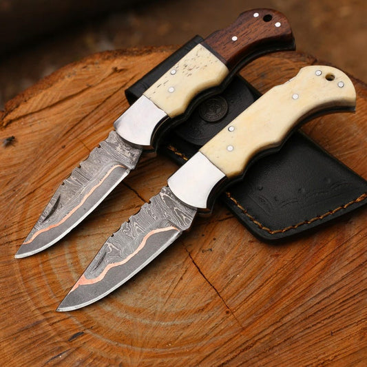 Beautiful Folding Knife Pair | COPPER Damascus HANDMADE | Copper Pocket Knife Ram Horn Handle Personalized Copper Best Gift for him/her
